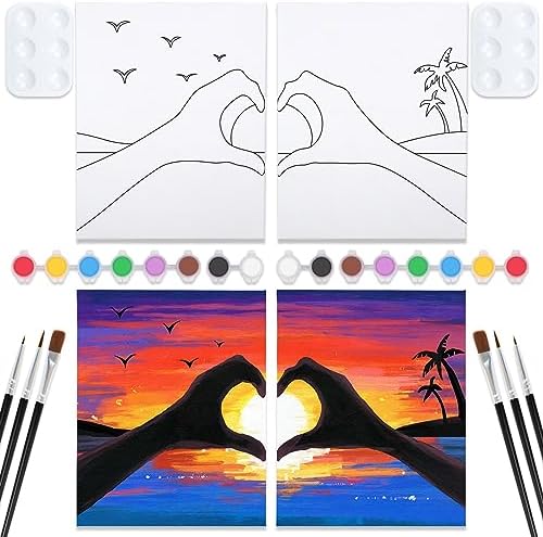 VOCHIC Sip and Paint Kit, Pre Drawn Canvas Couples Paint Party Kit, Painting Art Set with Outline Canvas for Adults Date Night Games Couples Sunset Heart, Valentine's Day, 2 Pack (8 x 10 Inches) VOCHIC