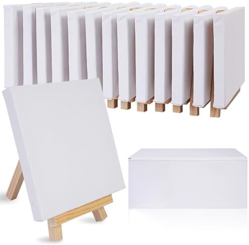 CONDA 14 Pack Mini Canvas and Easel Set, 14pcs 5" Mini Easel and 14pcs 4"x 4" Mini Canvas, Small Stretched Canvas, Professional Kids Art Supplies for Drawing, Painting Conda