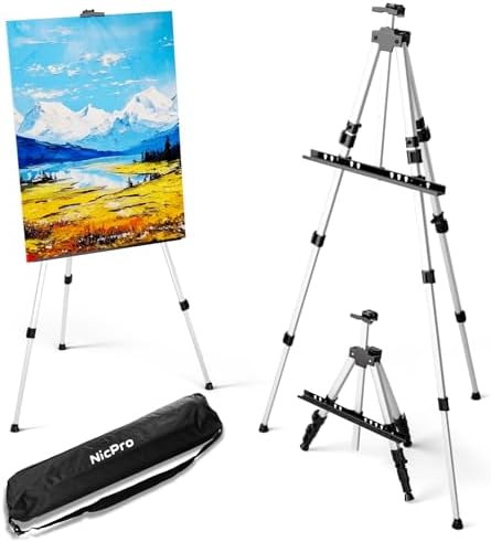 Nicpro Art Easel for Painting with Bag, Aluminum Metal Tripod Easel Stand for Sign, Silver Artist Easels Adjustable Height from17 to 66" for Table-Top/Floor Painting, Drawing, Display, Poster, Canvas Nicpro