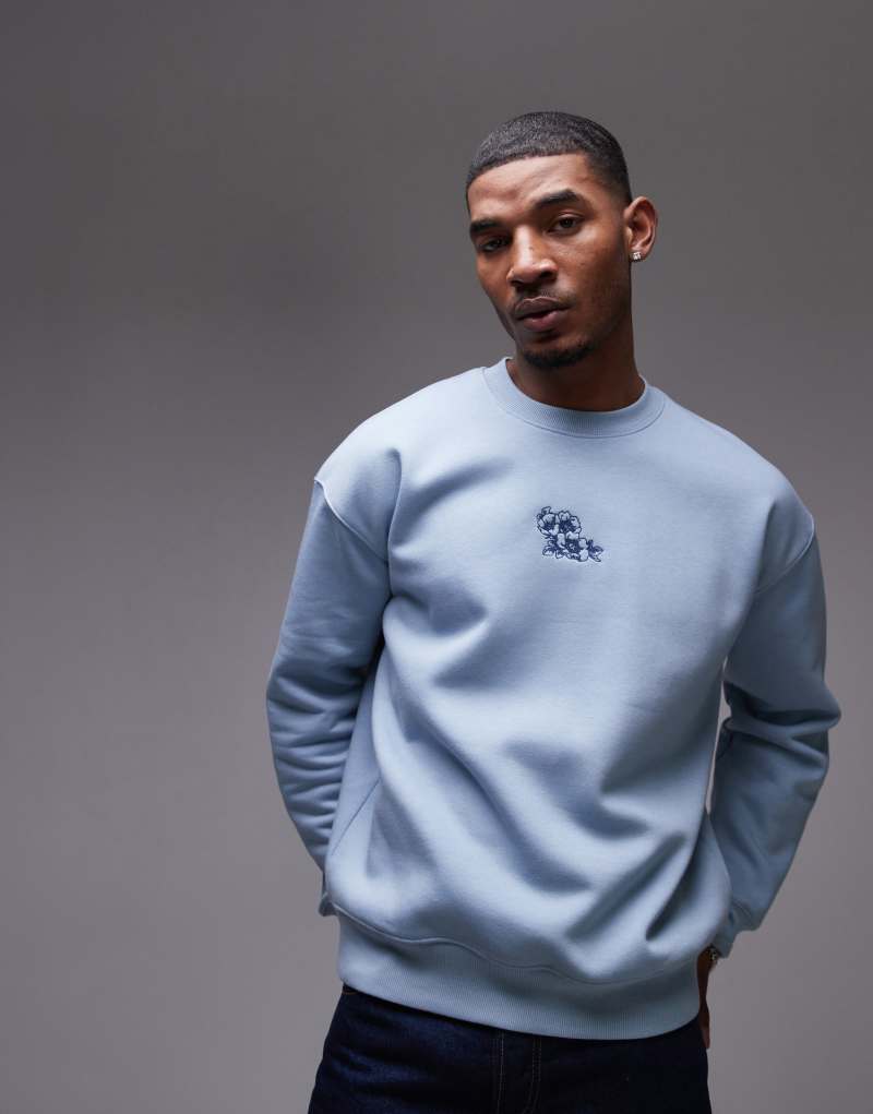 Topman embroidered oversized sweatshirt in blue Topman