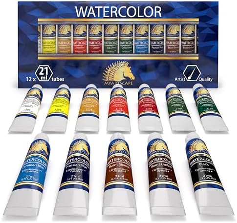 MyArtscape Watercolor Paint Set - 12 x 21ml Tubes - Lightfast - Highly Pigmented - Vibrant Colors - Fade Proof - Painting Kit for Adults & Hobby Painters - Professional Watercolors Supplies MyArtscape