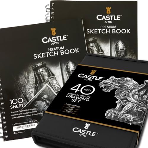 Набор для рисования Castle Art Supplies | 40 предметов: графит, уголь, пастель + 2 блокнота 90 г/м² Castle Art Supplies