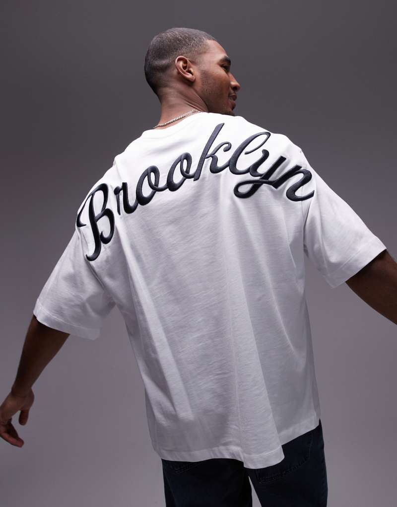 Topman heavyweight extreme oversized fit t-shirt with front and back Brooklyn embroidery in white Topman