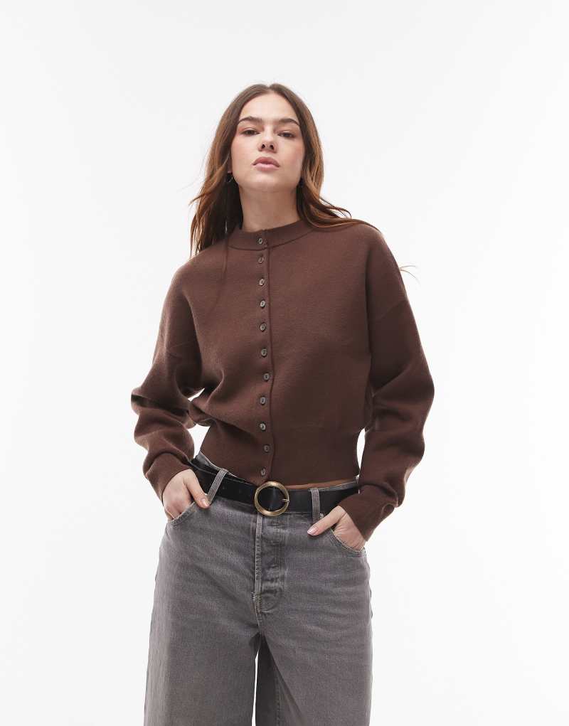 Topshop knitted compact fitted waist cardi in chocolate Topshop