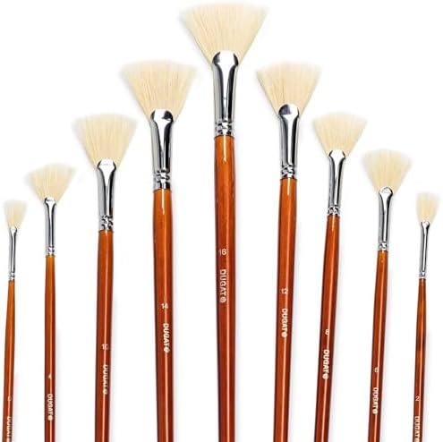 DUGATO Artist Fan Paint Brush Set of 7, White Hog Bristle Natural Hair Anti-Shedding Brush Tips, Long Wooden Handle for Comfortable Holding, Great for Acrylic Watercolor Oil Painting DUGATO