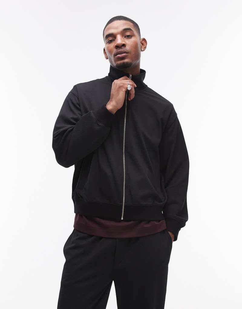 Topman micro waffle zip through in black Topman