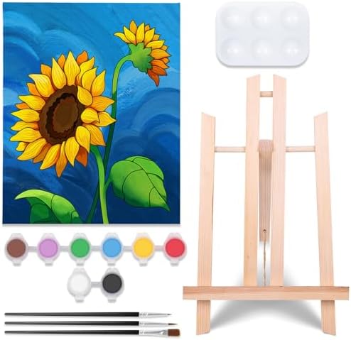 VOCHIC Paint and Sip kit Pre Drawn Canvas Painting Kit for Adults Kids, Canvas Painting Party Supplies Kit with Picture to Paint 1 Easel, 8 Acrylic Colors,3 Brush,1 Pallet Sunflower Art Set (8x10) VOCHIC