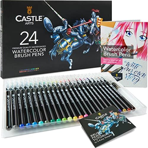 Набор акварельных кистей Castle Art Supplies | 24 ярких цвета с гибкими нейлоновыми наконечниками | Для рисования и каллиграфии | Портативный кейс с дополнительной водной кистью Castle Art Supplies