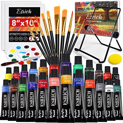 ESRICH 40PCS Acrylic Paint Set,Professional Painting Supplies with Acrylic Paint,Canvas Panels,Paint Brushes,Paint Knife,Sponge,Plastic Palette and Metal Easel for Adults,Kids and Artists ESRICH