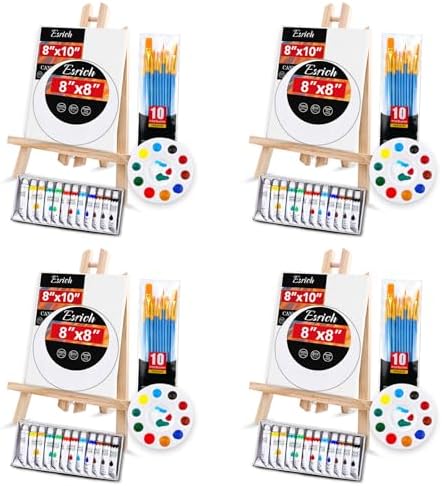 Acrylic Paint Canvas Set,104 Piece Professional Painting Supplies Kit with 4 Wood Easel,4 * 12Colors,4 * 10 Brushes,Circular Canvas Etc,Premium Paint Kit for Kids,Students, Artists and Beginner ESRICH