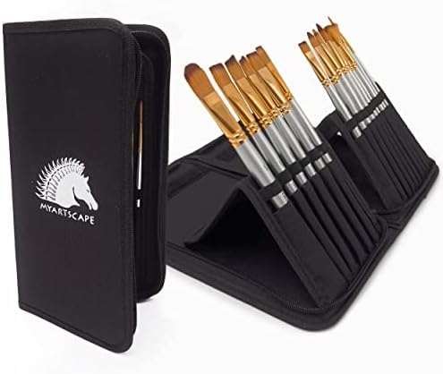 MyArtscape Paint Brushes - 15 Pc Art Brush Set for Watercolor, Acrylic, Oil & Face Painting | Short Handle Artist Paintbrushes with Travel Holder | 1 Year Warranty (Black) MyArtscape