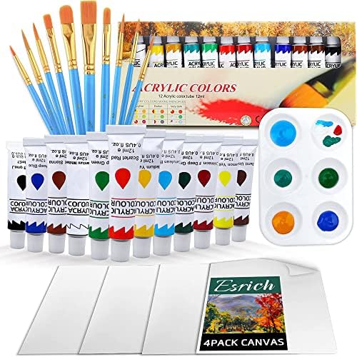 ESRICH Acrylic Painting Set with 1 Packs / 10 PCS Nylon Hair Brushes 12 Color Tubes (12ml, 0.4 oz) 1 PCS Paint Plate and 4 PCS Canvas for Acrylic Painting Artist Professional Kits ESRICH