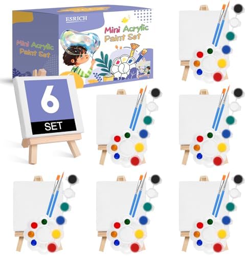 ESRICH 6 Set Mini Acrylic Paint Kit,Mini Stretched Canvas with Easel,Valentines Day Gifts,Acrylic Paint Strips,Paint Palettes,Painting Brushes, Mini Canvas and Easel Set for Kids Artists Beginner ESRICH