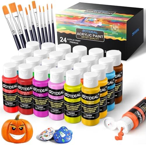 GOTIDEAL Acrylic Paint Set with Paint Brushes, 24 Colors(59ml, 2 oz) Art Craft Paint for Adults and Kids, Perfect for Artist, Beginner, Ideal for Wood, Canvas, Rocks, Outdoor Painting Supplies GOTIDEAL