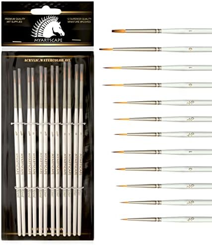 MyArtscape Artist Supplies Miniature Paint Brushes, Set of 12 for Detail & Fine Point Painting - use with Acrylic, Watercolor, Oil, Gouache - for Pinstriping, Warhammer 40k, Models & Lettering White MyArtscape