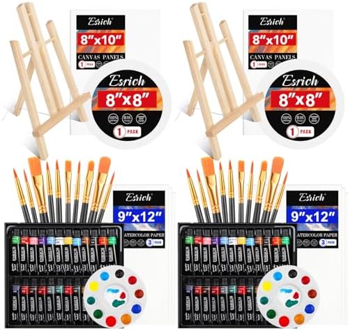 ESRICH 82 PCS Acrylic Paint Canvas Set Acrylic Paint Set 48Color Acrylic Painting Kit, Painting Supplies Kit with Wood Easel,Brush,Canvases,Watercolor Paper, Acrylic Paint Kit for Kids Adults Artists ESRICH