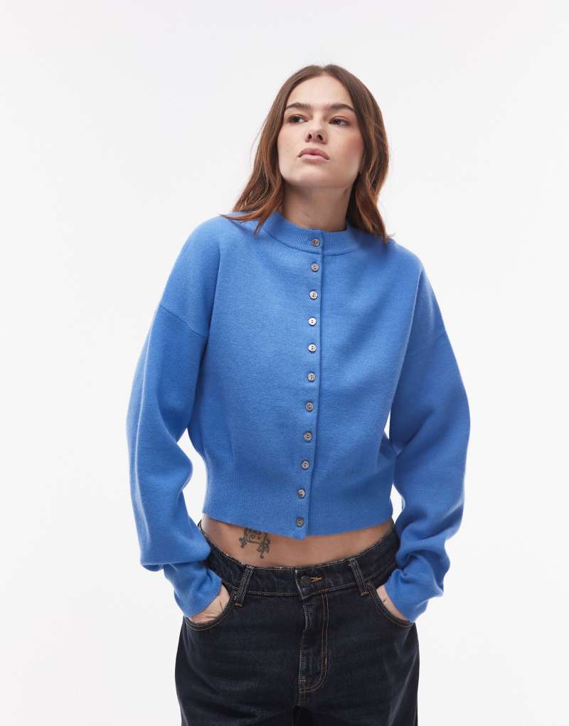 Topshop knitted compact fitted waist cardi in blue Topshop