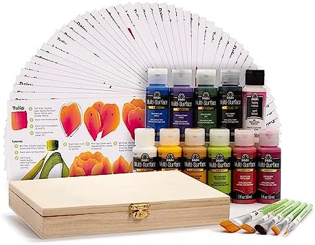 FolkArt One Stroke A to Z of Floral Painting Kit, Including 10 Multi-Surface Paints, 5 Brushes, 50 Full-Color Teaching Guides, Floating Medium, and 1 Wood Storage Box FolkArt