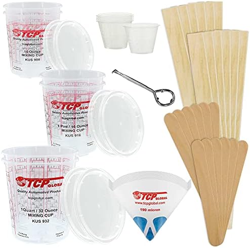 TCP Global Premium Paint Mixing Essentials Kit. Comes with 12 Mixing Cups, 6 Lids, 12 Wooden 12" Mixing Sticks, 12 Wooden Mini Mixing Paddles, 12 HQ 190 Mesh Paint Strainers & Paint Can Opener. Custom Shop