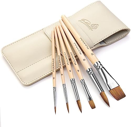 Sable Travel Watercolor Brushes, Fuumuui 6pcs Kolinsky Sable Watercolor Travel Brushes with Short Handles - Detail Liner Pointed Round Flat Wash Mop for Watercolor Gouache Ink Painting Fuumuui