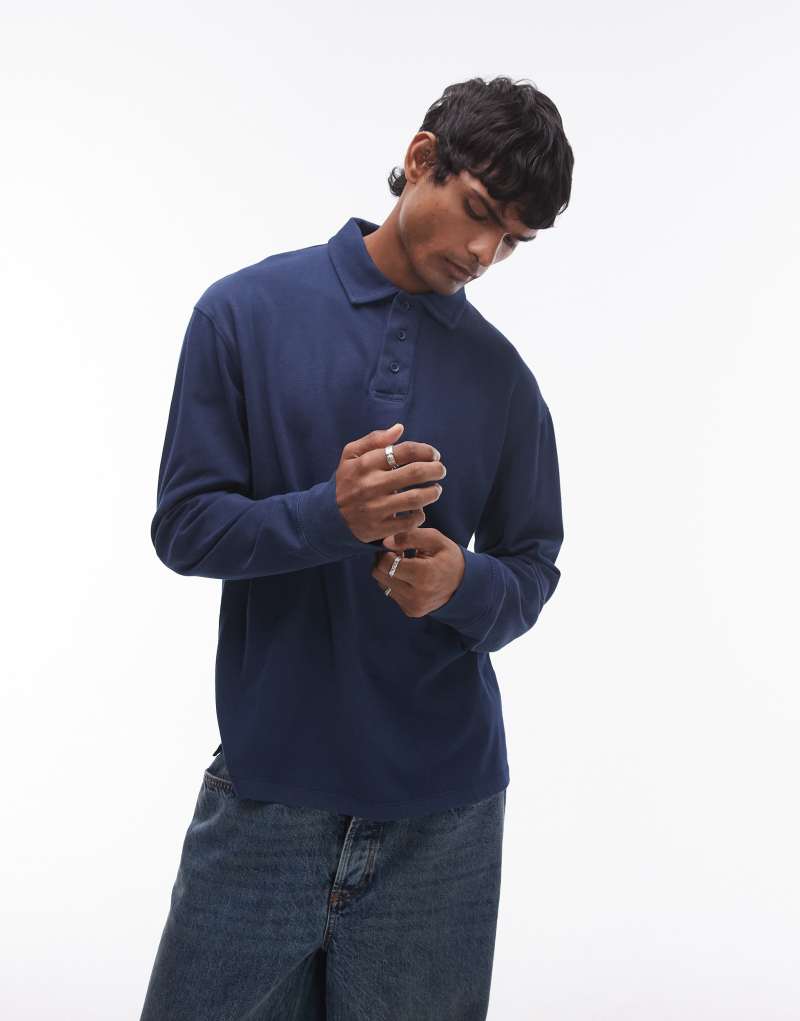 Topman long sleeve polo in washed navy Topman