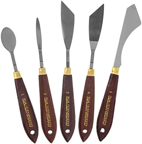 U.S. Art Supply 5-Piece Artist Stainless Steel Palette Knife Set - Wood Hande Flexible Spatula Painting Knives for Color Mixing Spreading, Applying Oil, Acrylic, Epoxy, Pouring Paint on Canvases, Cake U.S. Art Supply