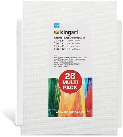 KINGART® 833-28 White 28 Pc. Multi-size Value ARTIST CANVAS BOARDS, Gesso Primed - 100% Cotton Square Panels, Art Supplies for Oil and Acrylic Painting, 7 Ea. 3x5, 4x4, 5x7, 6x6 in. Kingart