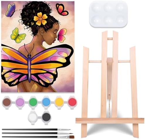 VOCHIC Painting Kit Pre Drawn Canvas for Painting for Adult Party Kits Paint and Sip Supplies 8x10 in Canvas Butterfly Girl 1 Easel,8 Acrylic Colors,3 Brush,1 Pallet Paint Art Set VOCHIC