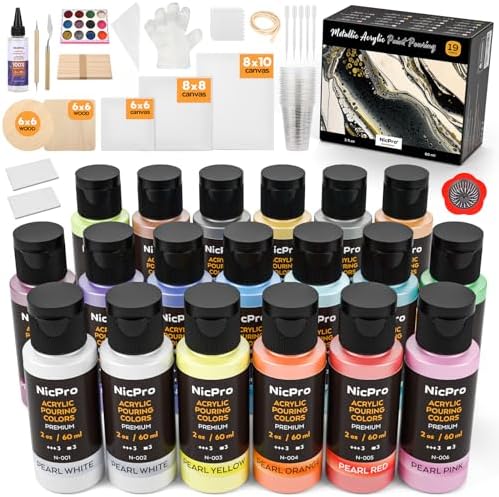 Nicpro 123 Pack Metallic Acrylic Pouring Paint Set, 19 Colors (2oz / 60ml bottle) Ready to Pour Acrylic Paint Supplies & Pre-Mix High Flow for Canvas & Paper, Rocks, Wood and DIY Painting Nicpro