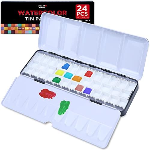 Empty Watercolor Palette with Lid 48+15 Half Pans with Fold-Out Palette by DUGATO, 5 Large Mixing Area, Metal Tin Box for Watercolor Acrylic Oil DIY Travel Art Supplies (Large) DUGATO