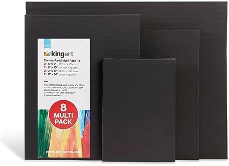 KINGART 880-8 Black 8 Pc. Multi-Size ARTIST CANVAS BOARDS, Gesso Primed - 100% Cotton Rectangular Boards, Art Supplies for Oil and Acrylic Paint, 2 Ea. 5x7, 8x10, 9x12, 11x14 Kingart