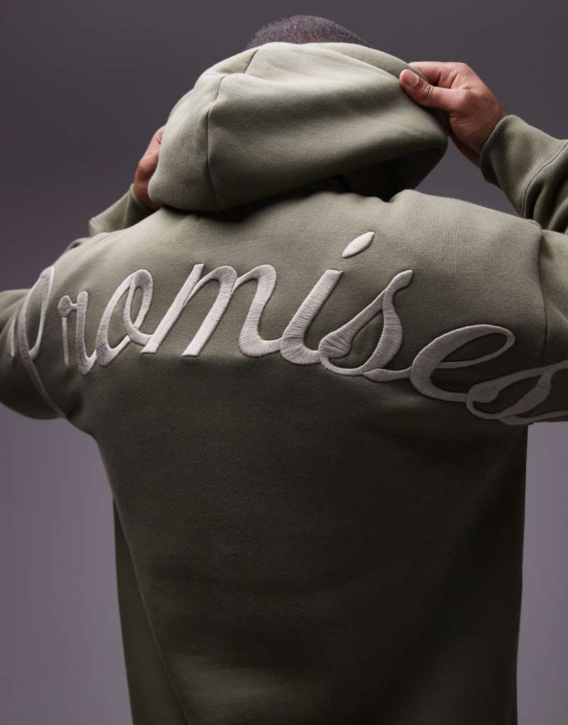 Topman oversized fit hoodie with front and back promises embroidery in khaki Topman