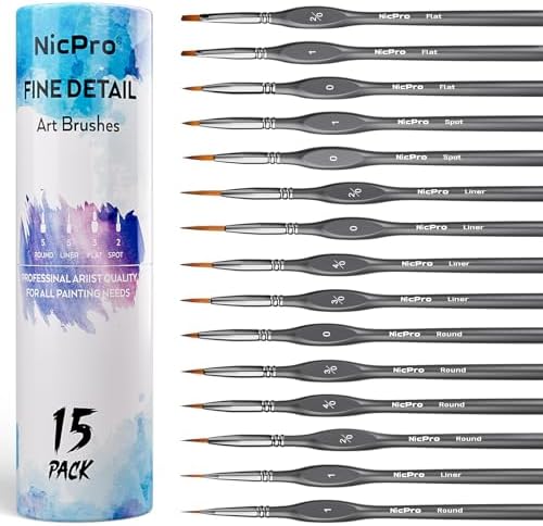 Nicpro Fine Detail Paint Brush Set, 15PCS Fine Tip Miniature Painting Brushes for Fine Detailing, Miniature Model 40k, Paint by Numbers & Acrylic, Watercolor, Oil Painting- with Container Nicpro