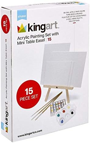 KINGART Artist Painting Set with 6 Vivid Acrylic Paint Colors, 12" Easel, 4 Canvas Panels, 3 Brushes, Painting Palette - School, Students, Beginners Starter Art Kit, 15 pc. Kingart