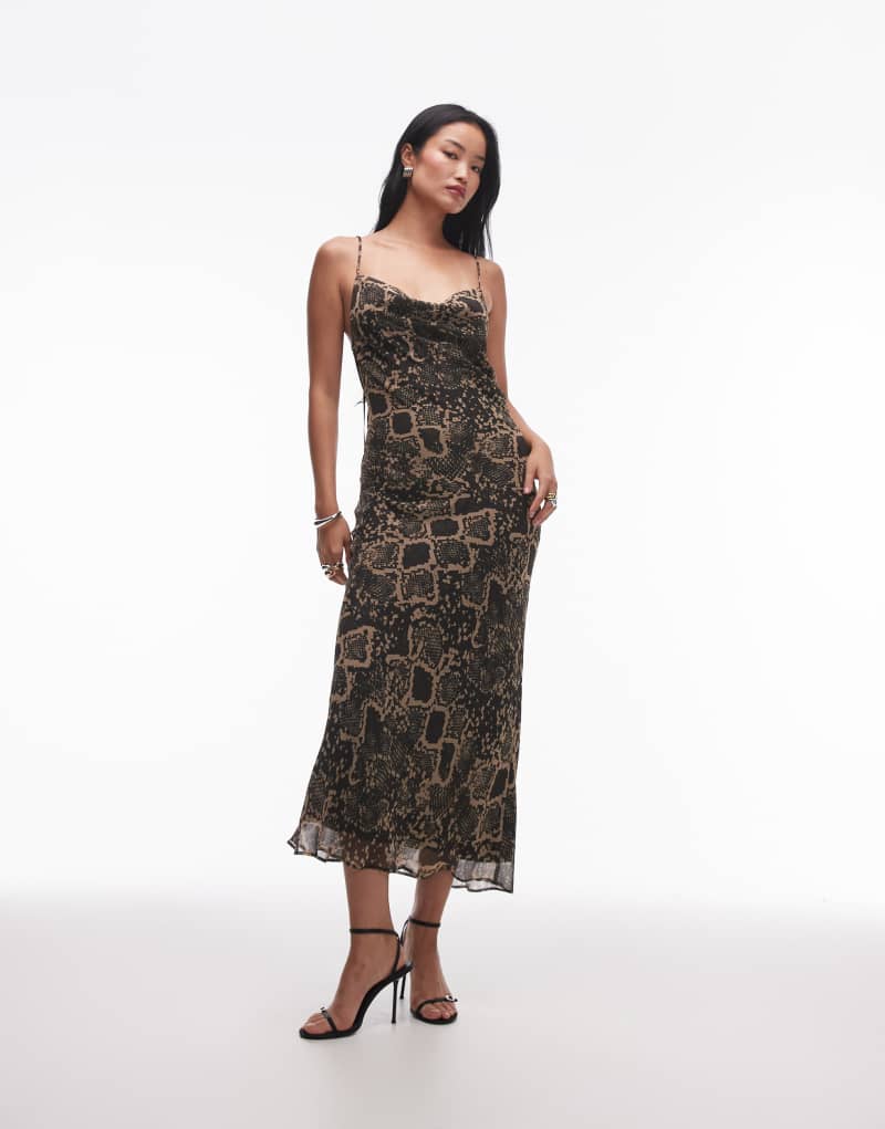 Topshop twist back cowl neck midi slip dress in snake print Topshop