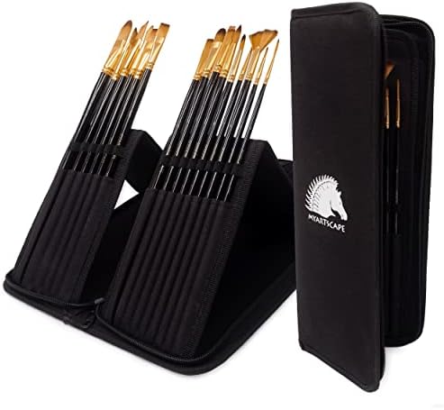 MyArtscape Paint Brushes - 15 Pc Brush Set for Watercolor, Acrylic, Oil & Face Painting | Long Handle Artist Paintbrushes with Travel Holder (Black) with Gifting Box | Premium Art Supplies MyArtscape