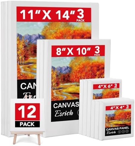 ESRICH Stretched Canvas for Painting, 12 Pack 4x4, 4x6, 8x10, 11x14(3 of Each) Canvas Set, Multi-Size Blank Canvases for Painting, Primed Paint Canvas for Kids, Adults, Beginners, Artists. ESRICH