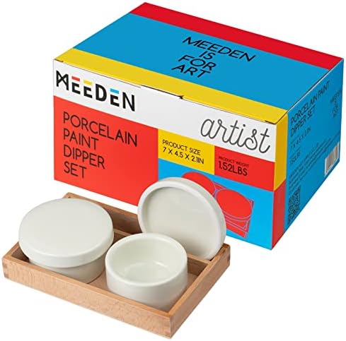 MEEDEN 2 Pack Porcelain Palette Cup, Ceramic Palette with Lid, Deep Well Oil Painting Cup, Artists Paint Water Cup, Oil Paint Dipper, Brush Wash Bowl with Beech Wood Tray MEEDEN