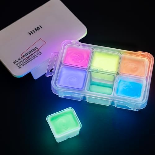 HIMI Glow in The Dark Jelly Gouache Paint Set, 6 Colors 23ml, Jelly Cup Design, Travel carry, Non Toxic Paint for Canvas and Paper, Art Supplies for Professionals HIMI