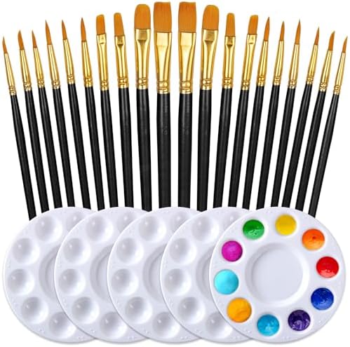 Paint Brushes Palettes Set by DUGATO, 2 Packs/20pcs Round Pointed Tip Nylon Hair Brushes with 5 Paint Trays for Acrylic Watercolor Oil Gouache Tempera and Body Painting (Black) DUGATO