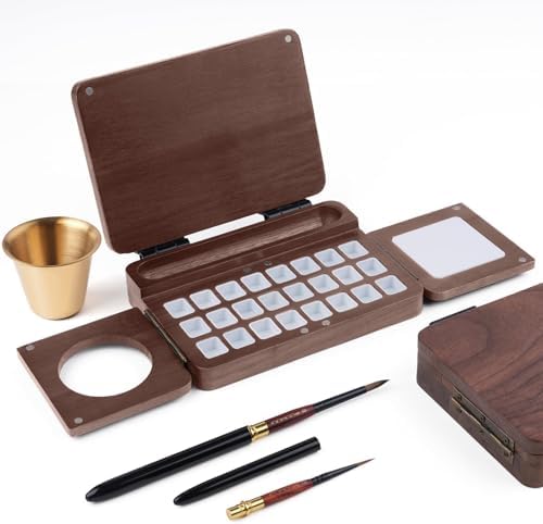 Fuumuui Travel Watercolor Palette 24 Grids Foldable with 2pcs Sable Travel Watercolor Brushes, Portable Walnut Wood Palette Box for Plein Air Painting Fuumuui