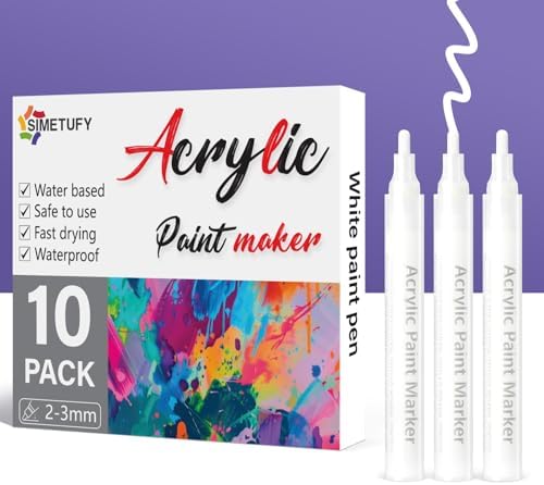 Simetufy 10 Pack White Paint Pen, 0.7mm Fine Tip Acrylic White Permanent Marker, White Marker for Rock Painting Ceramic Wood Glass Tire Plastic, White Paint Marker for Craft office Supplies Simetufy