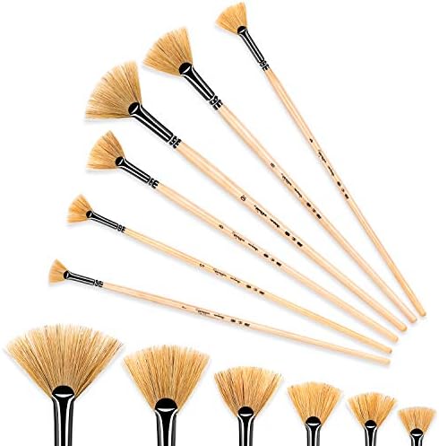 Artist Fan Paint Brush Set of 6, Hog Bristle Natural Hair Anti-Shedding Brush Tips, Long Wooden Handle for Comfortable Holding, Great for Acrylic Watercolor Oil Painting Golden maple