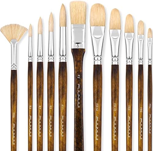 Fuumuui Professional Oil Paint Brush Set, 11pcs Superior Hog Bristle Paint Brushes Perfect for Oil Acrylic Gouache Painting Fuumuui