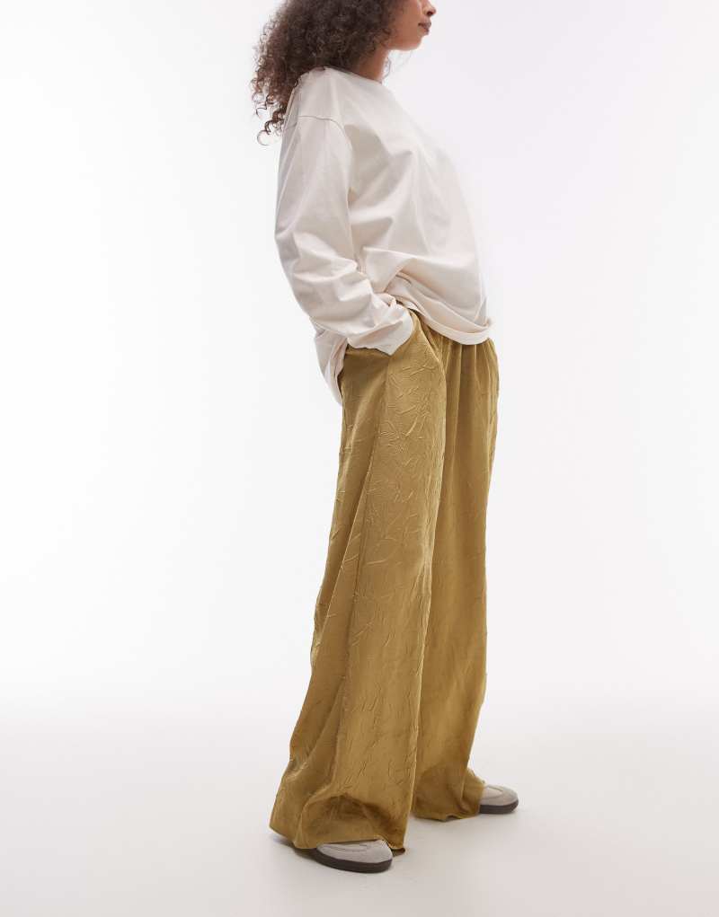 Topshop crinkle satin wide leg pants in champagne Topshop