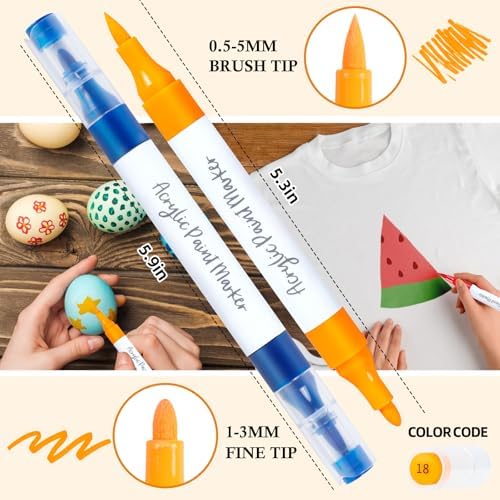 YHC 48 Colors Acrylic Paint Pens with Free App, Dual Tip Acrylic Paint Markers with Brush Tip and Fine Tip for Adults, Kids, Eggs, Wood, Rock, Canvas, Plastic, Stone, Glass, Ceramic Yhc