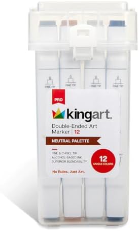 KINGART 424-12B PRO Double-Ended Alcohol Ink Art Markers, 12 NEUTRAL GRAY & BROWN Colors, Fine Point & Chisel Tips, Permanent with Superior Blendability, Includes Plastic Case, 12 Pc. Kingart