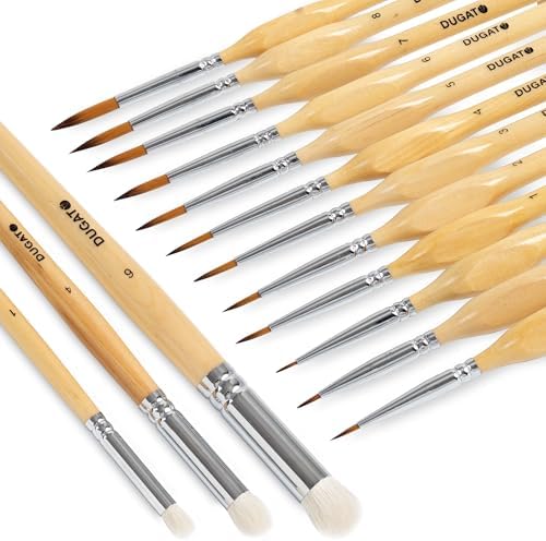 DUGATO Miniature Dry Paint Brush Set, 15pcs Model Brushes & Dry Brushes with Premium Bristle & Wood Handle, Fine Detailing for Acrylic Oil Gouache Watercolor, Citadel, Figurine, 40k (Brown) DUGATO