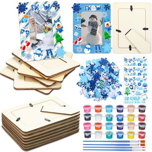 Gerrii 12 Sets Winter Picture Frames Craft DIY Wooden Photo Frame Painting Craft Kit 5 x 7 Inches with Stand Snowflake Sticker Painting Tool Set for Winter Party Favor Home Activity Gerrii