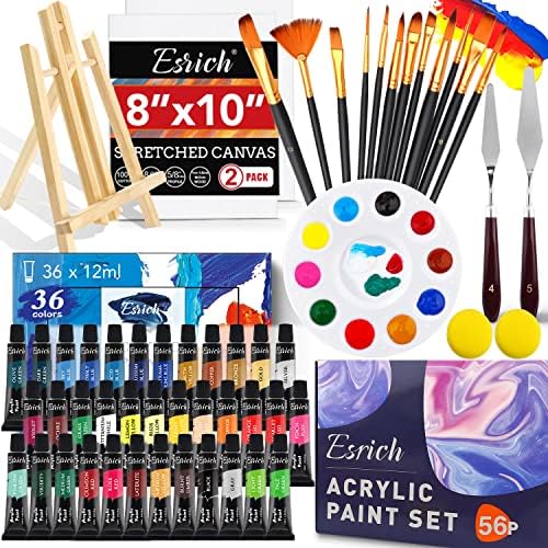 Acrylic Paint Set,56 PCS Professional Painting Supplies with Paint Brushes, 36 Colors Acrylic Paints, 1 Easel, 2 Painting Canvases, Palette, Paint Knives and Art Sponges for Hobbyists and Beginners ESRICH